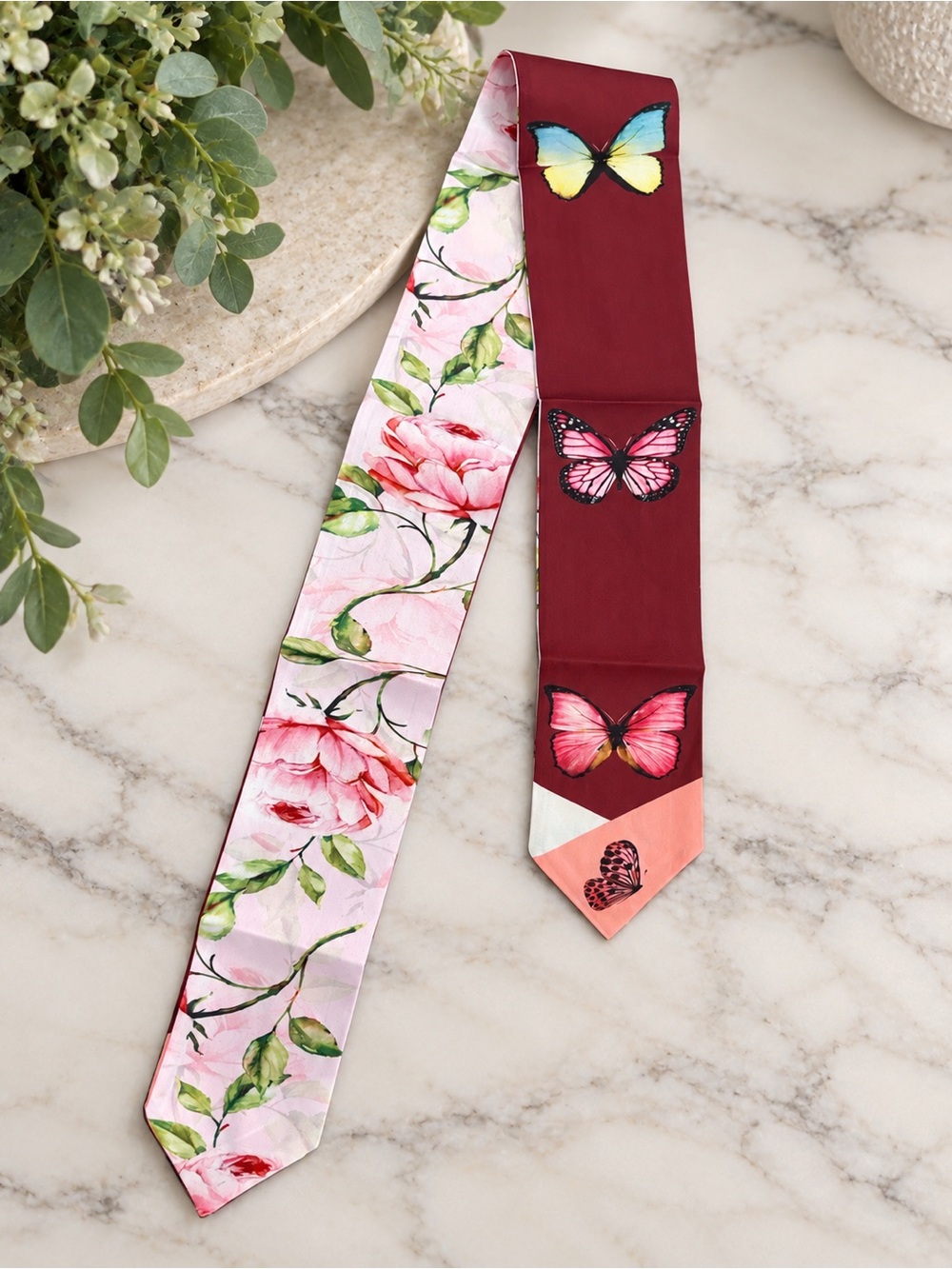 Floral Butterfly Reversible Skinny Scarf Twilly Burgundy Pink